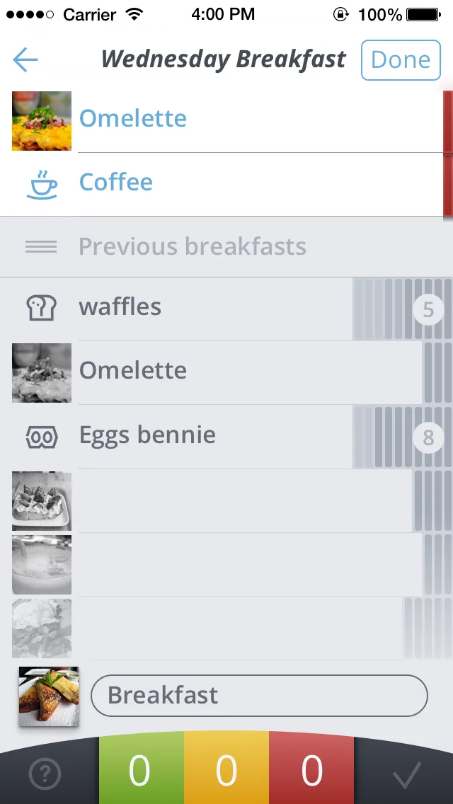 Final Kurbo design — breakfast logging screen