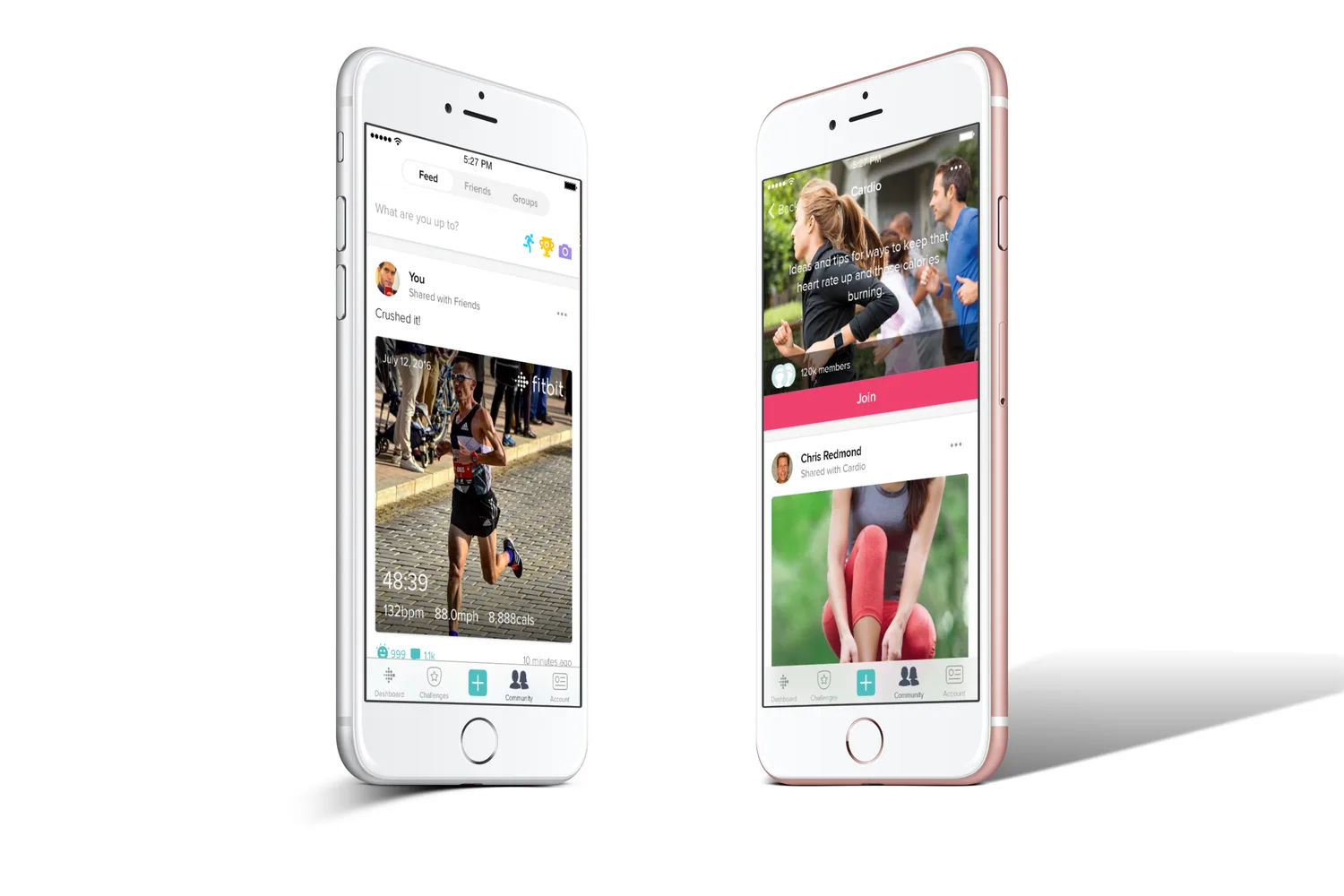 The Fitbit Community feed on an iPhone, showing posts shared by other members
