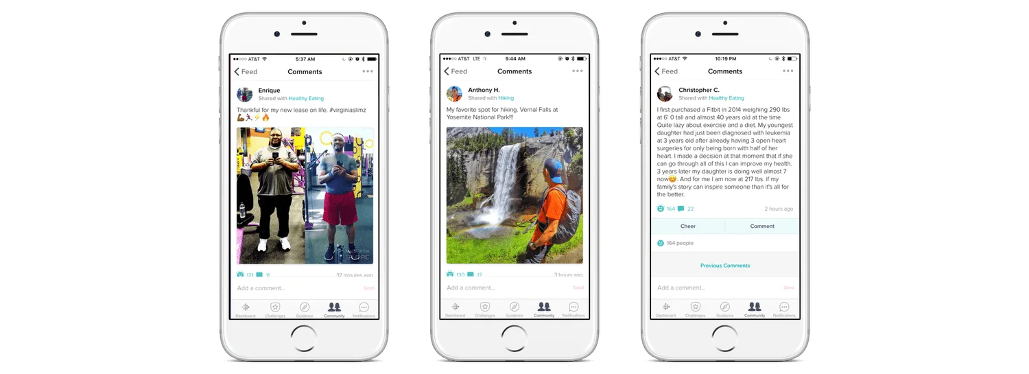 A range of Fitbit Community post types, including activities, photos and badges