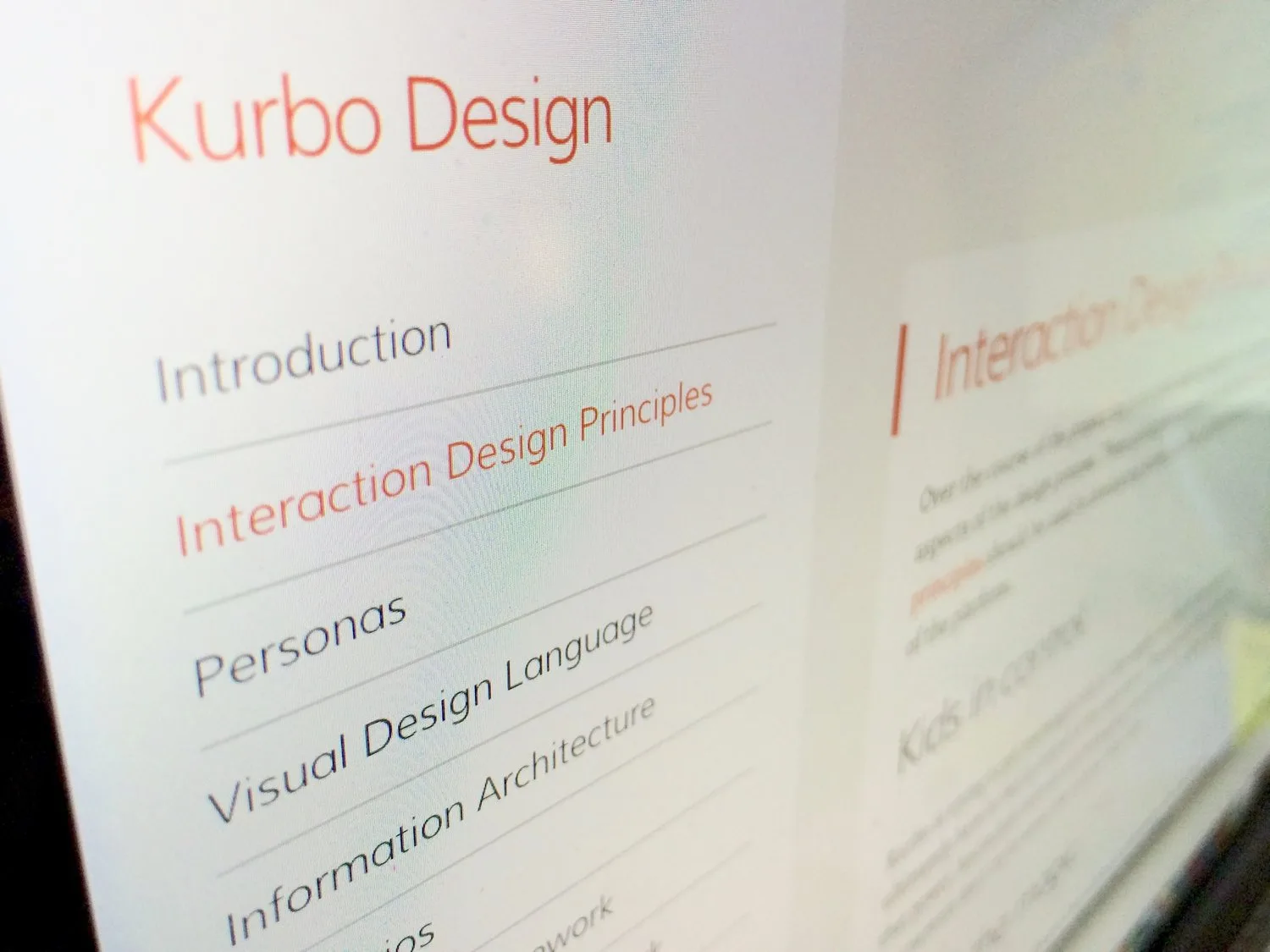 The Kurbo Design wiki, listing sections for interaction principles, personas, visual language and information architecture
