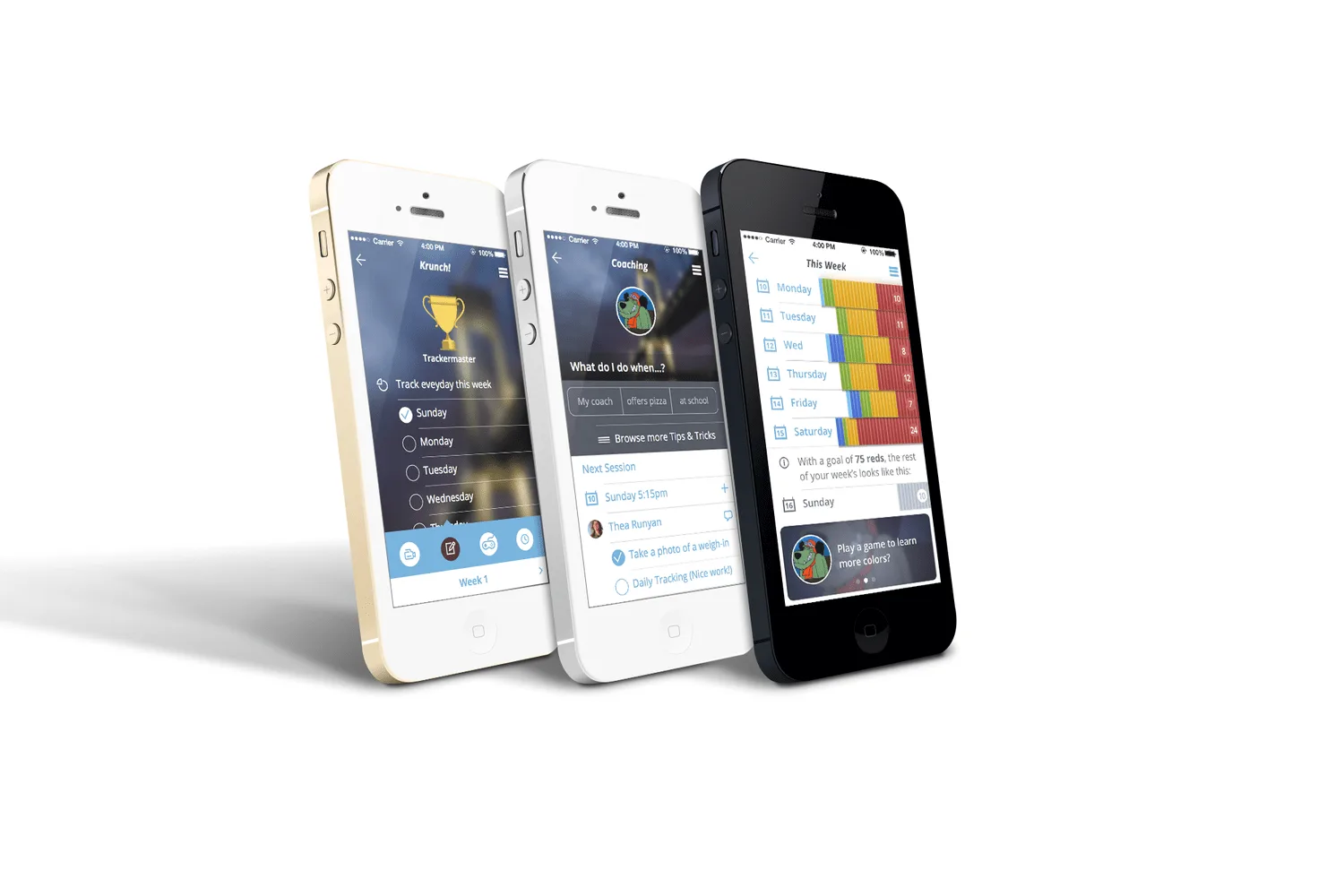 Three iPhones showing Kurbo's tracker, coaching and weekly progress screens