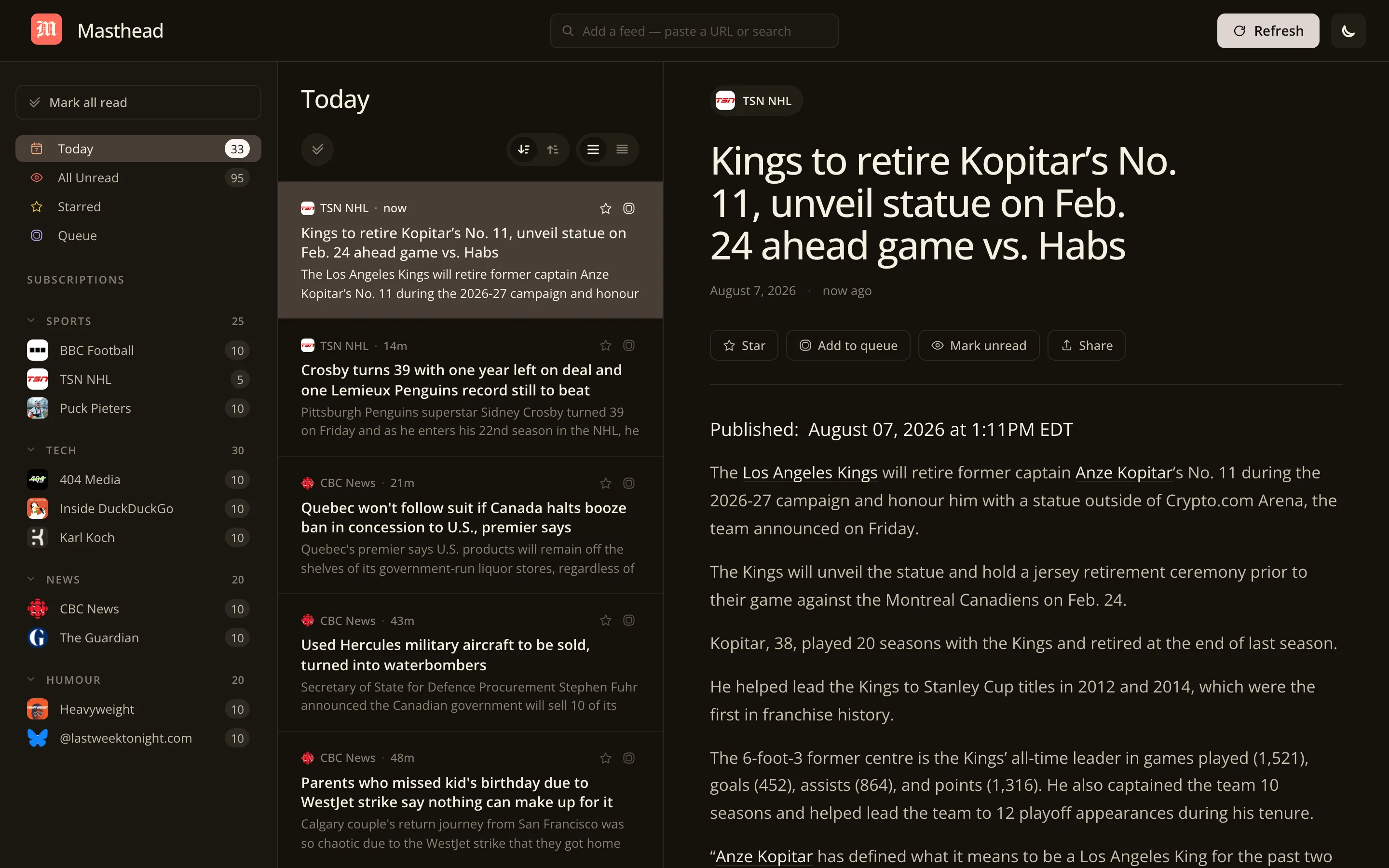 Masthead in its dark theme, a warm charcoal echo of the cream palette