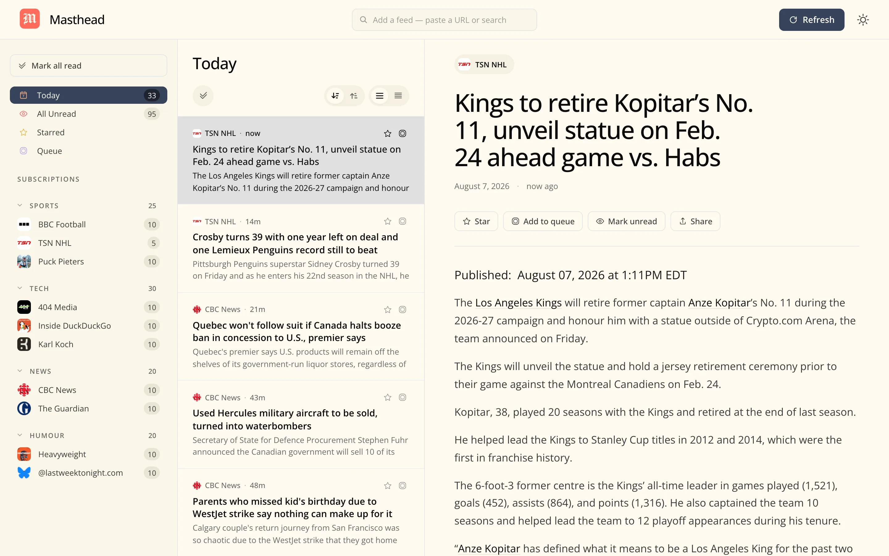 The Masthead reader: subscriptions sidebar, article timeline, and reading pane