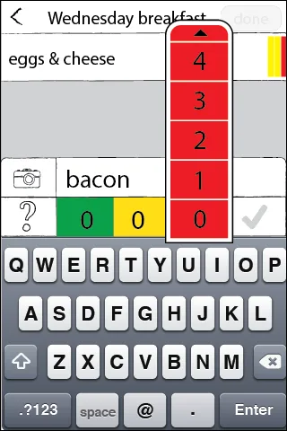Early Kurbo wireframe — logging a breakfast entry against red, yellow and green food values